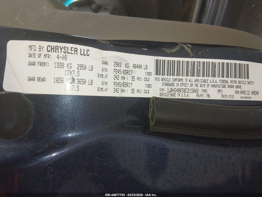 2008 Jeep Commander Sport VIN: 1J8HG48K58C215002 Lot: 44677703