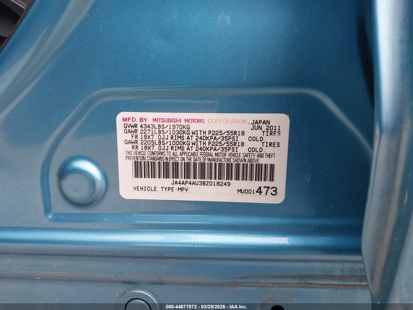 2011 Mitsubishi Outlander Sport Se VIN: JA4AP4AU3BZ018249 Lot: 44677872