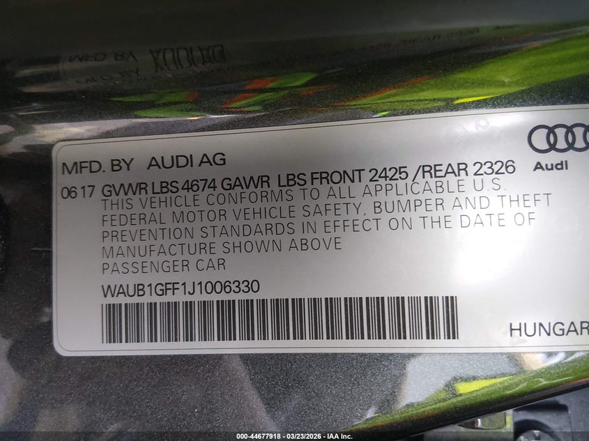 2018 Audi S3 2.0T Premium Plus VIN: WAUB1GFF1J1006330 Lot: 44677918
