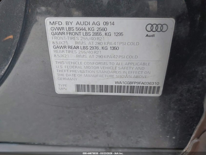 2015 Audi Sq5 3.0T Premium Plus VIN: WA1CGBFP9FA036310 Lot: 44678038