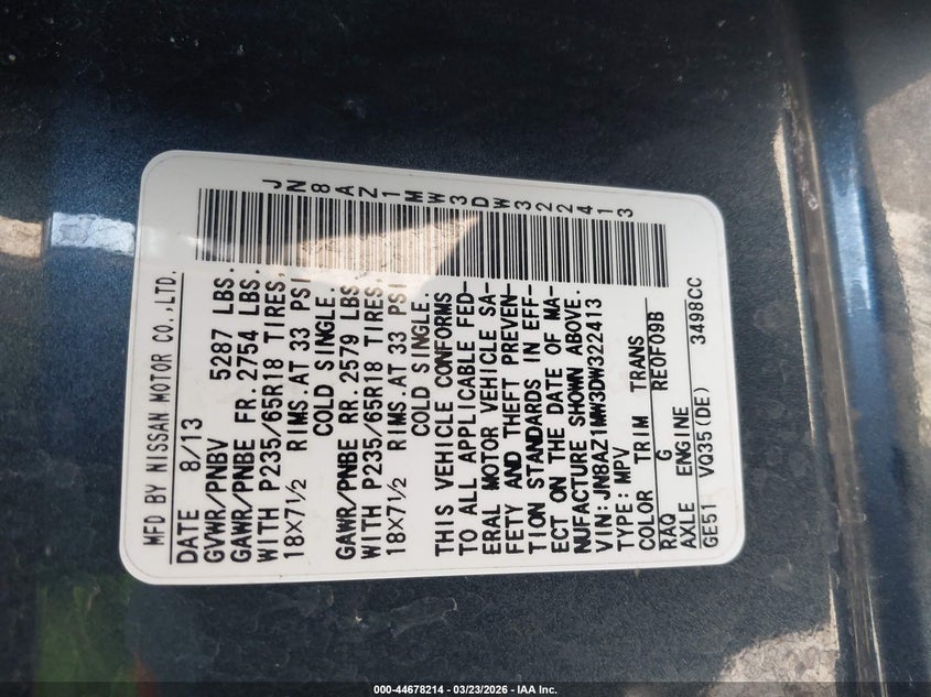 2013 Nissan Murano Le/S/Sl/Sv VIN: JN8AZ1MW3DW322413 Lot: 44678214