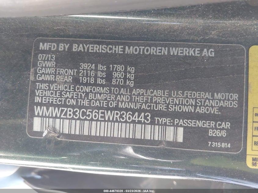 2014 Mini Countryman Cooper VIN: WMWZB3C56EWR36443 Lot: 44678328