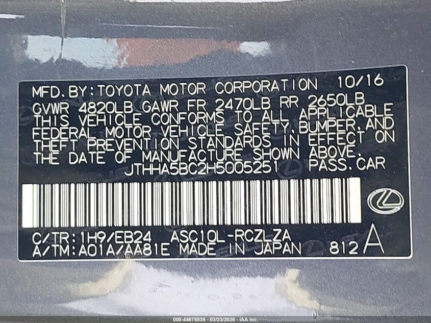 2017 Lexus Rc 200T VIN: JTHHA5BC2H5005251 Lot: 44678539