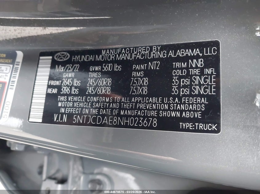 2022 Hyundai Santa Cruz Sel VIN: 5NTJCDAE8NH023678 Lot: 44678575