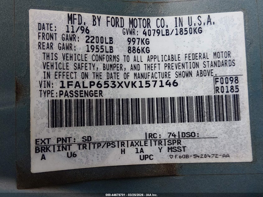 1997 Ford Contour Gl VIN: 1FALP653XVK157146 Lot: 44678701