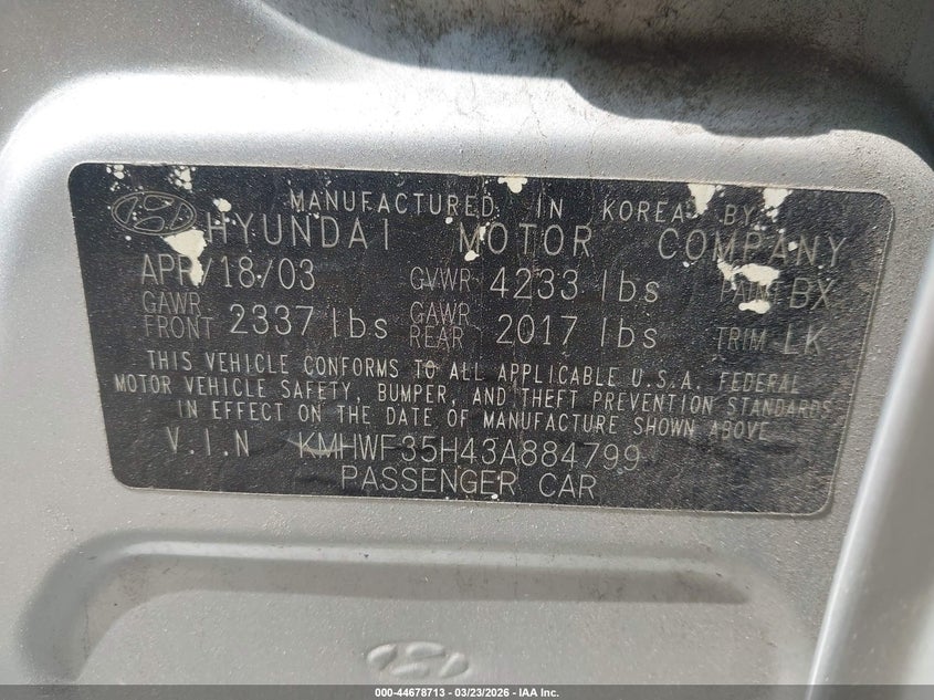 2003 Hyundai Sonata Gls/Lx VIN: KMHWF35H43A884799 Lot: 44678713