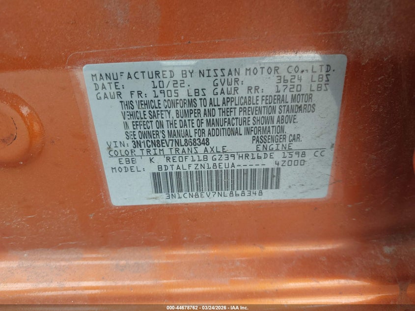 2022 Nissan Versa 1.6 Sv Xtronic Cvt VIN: 3N1CN8EV7NL868348 Lot: 44678762