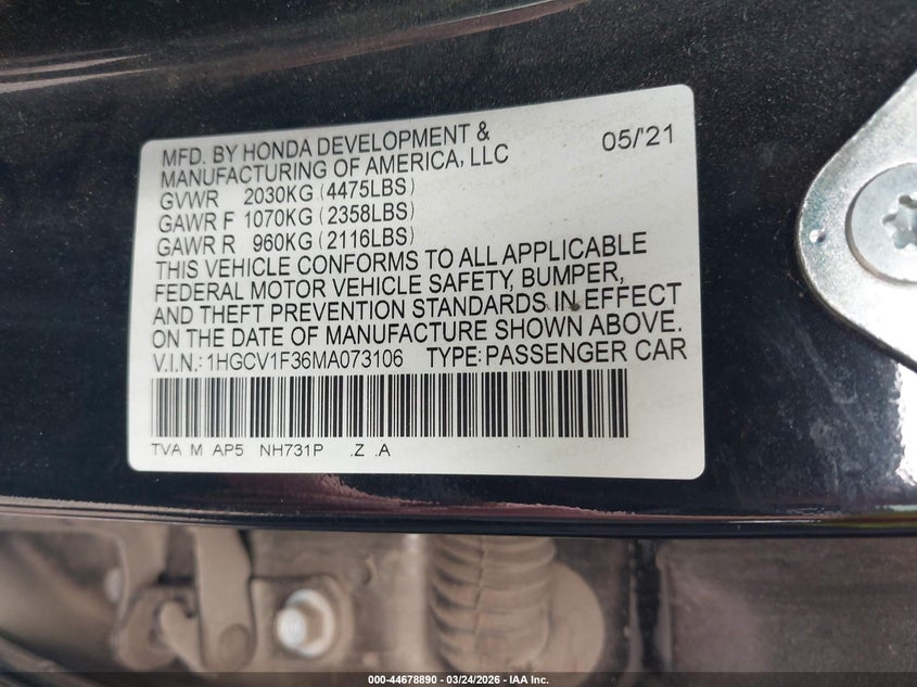 VIN 1HGCV1F36MA073106 2021 HONDA ACCORD SPORT
