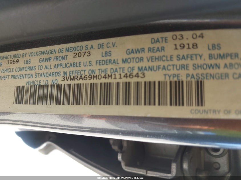 2004 Volkswagen Jetta Gl VIN: 3VWRA69M04M114643 Lot: 44678895
