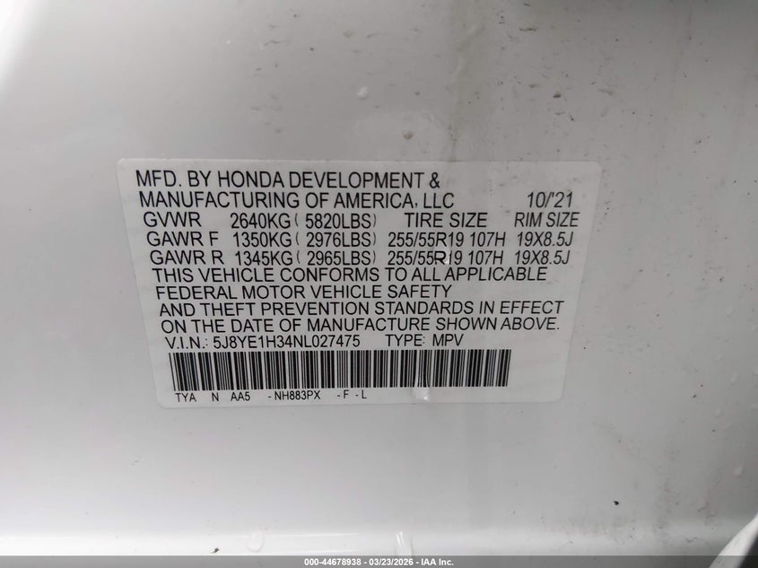 2022 Acura Mdx Standard VIN: 5J8YE1H34NL027475 Lot: 44678938