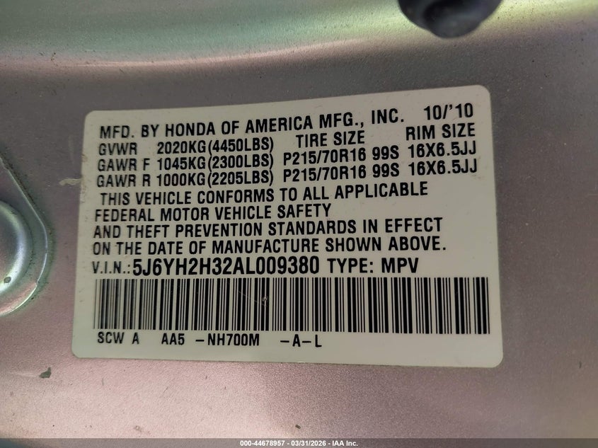 2010 Honda Element Lx VIN: 5J6YH2H32AL009380 Lot: 44678957