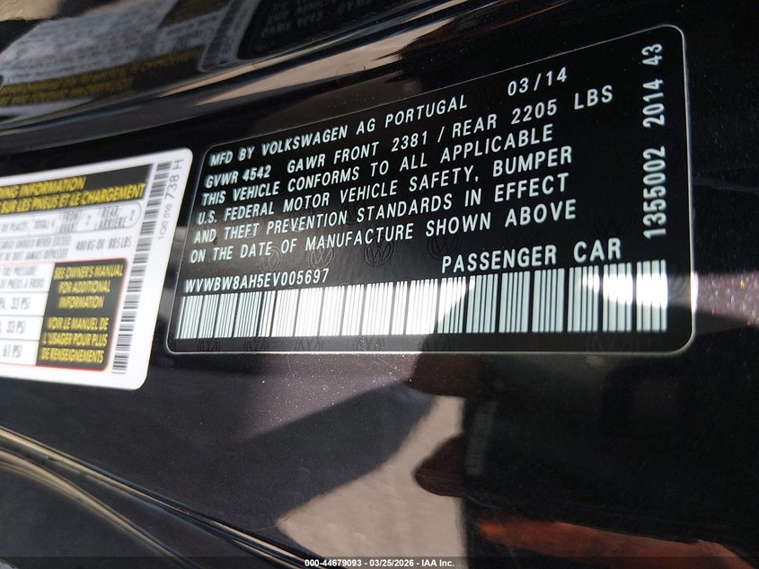 2014 Volkswagen Eos Komfort VIN: WVWBW8AH5EV005697 Lot: 44679093