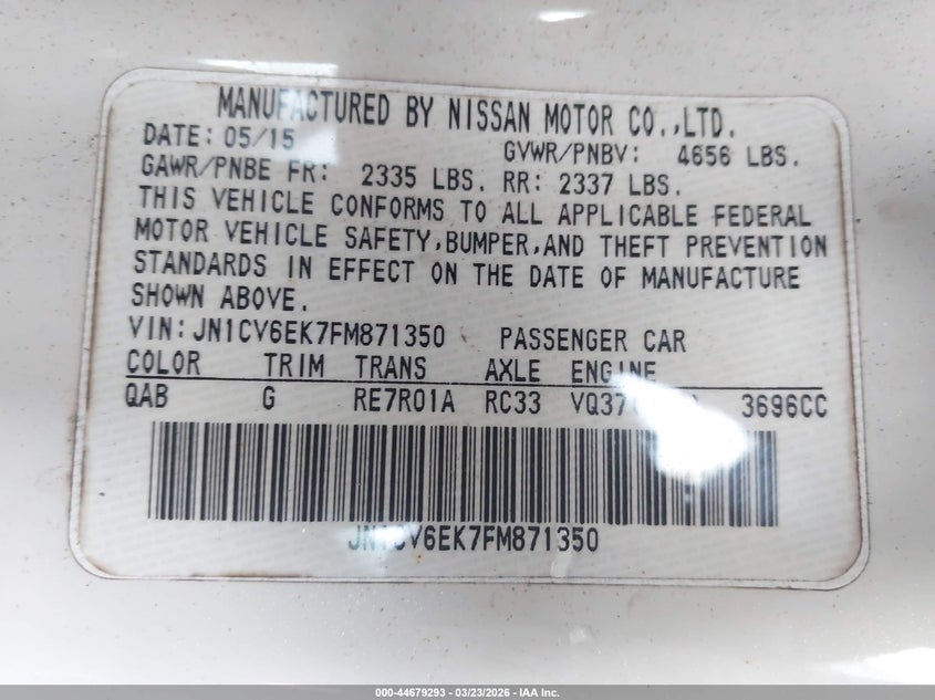 2015 Infiniti Q60 Journey/S/S Limited VIN: JN1CV6EK7FM871350 Lot: 44679293