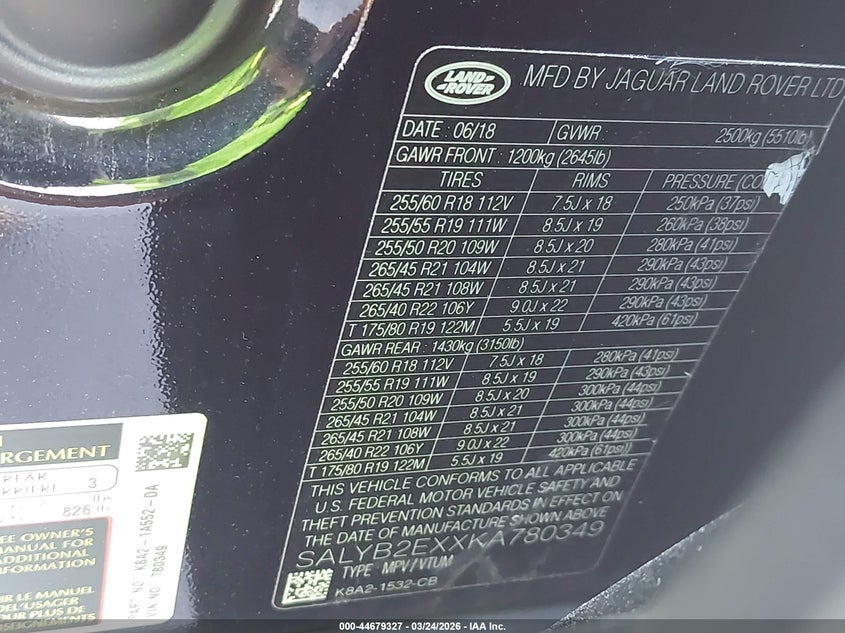 2019 Land Rover Range Rover Velar P250 S VIN: SALYB2EXXKA780349 Lot: 44679327