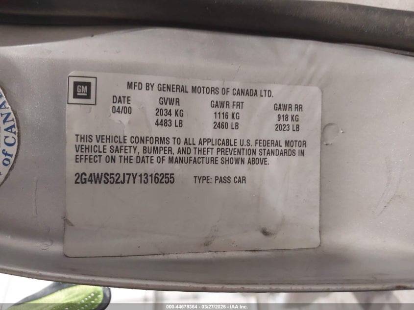 2000 Buick Century Custom VIN: 2G4WS52J7Y1316255 Lot: 44679364