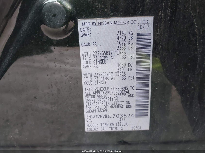 VIN 5N1AT2MV8JC703824 2018 NISSAN ROGUE SV