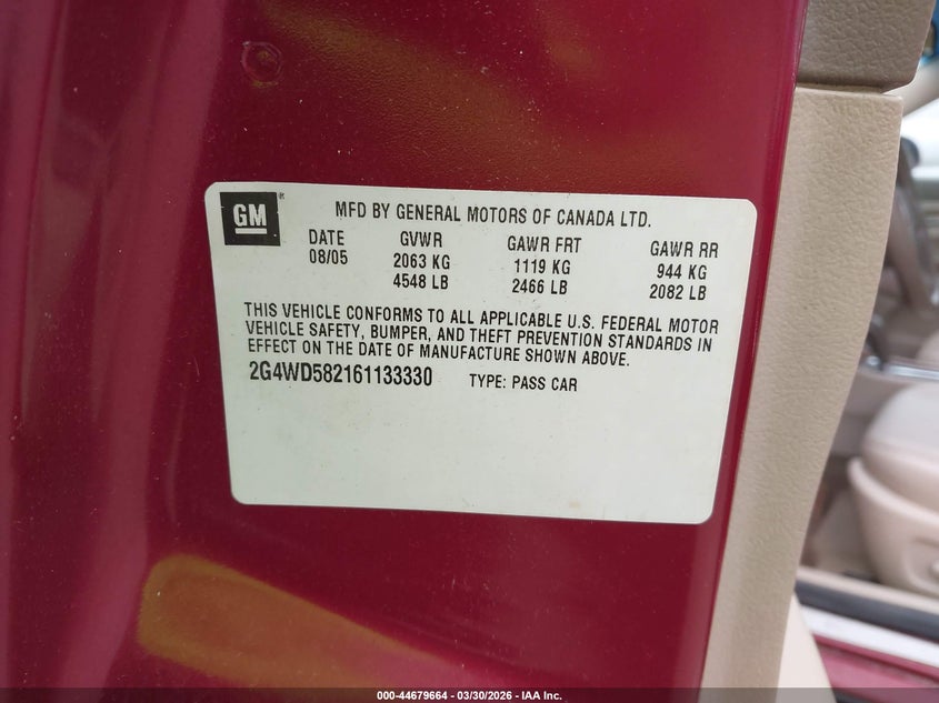 2006 Buick Lacrosse Cxl VIN: 2G4WD582161133330 Lot: 44679664