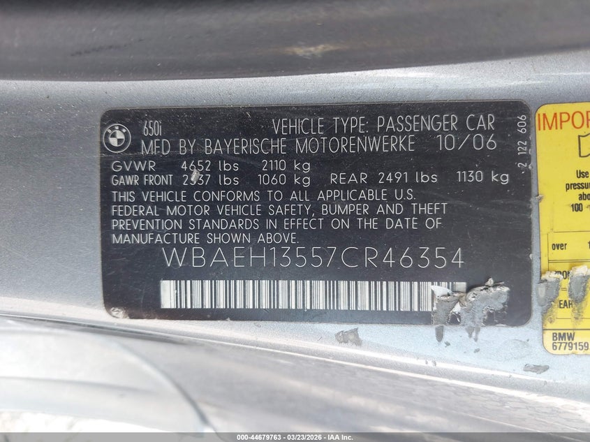 2007 BMW 650I VIN: WBAEH13557CR46354 Lot: 44679763