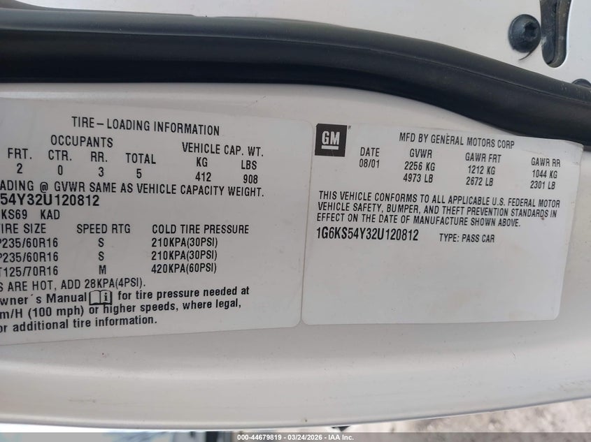 2002 Cadillac Seville Sls VIN: 1G6KS54Y32U120812 Lot: 44679819