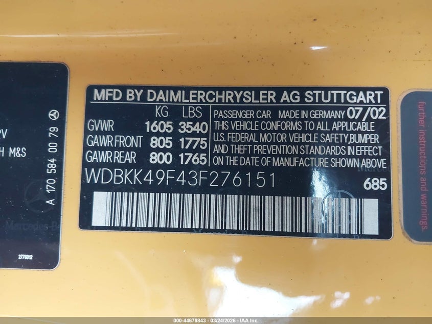 2003 Mercedes-Benz Slk 230 Kompressor VIN: WDBKK49F43F276151 Lot: 44679843