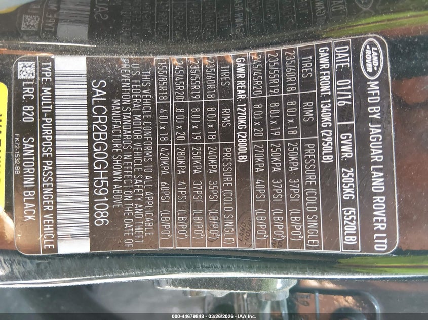 2016 Land Rover Discovery Sport Hse VIN: SALCR2BG0GH591086 Lot: 44679848