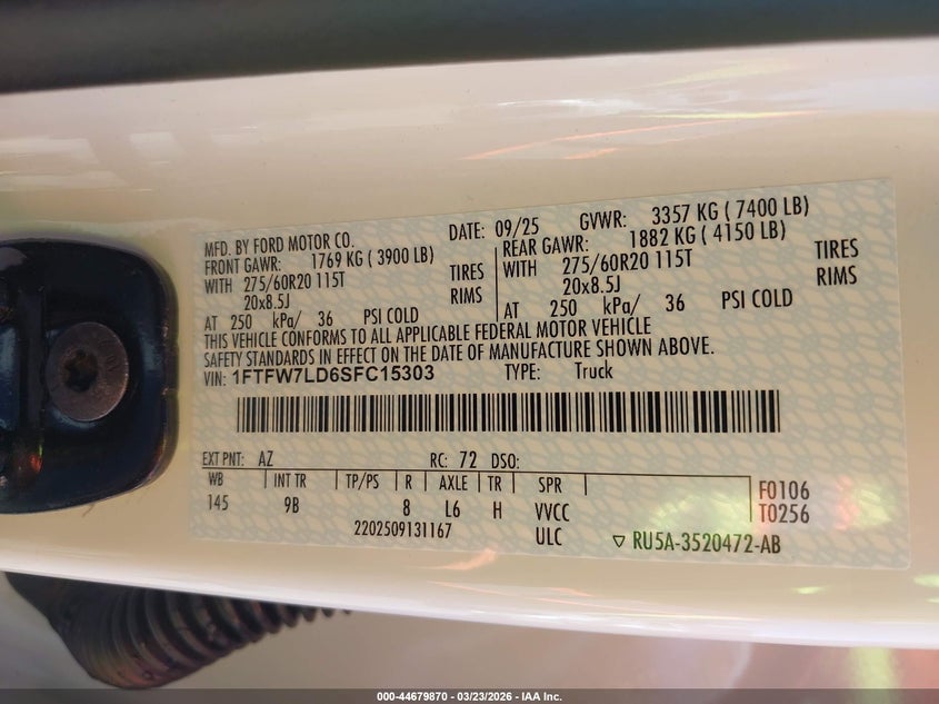 VIN 1FTFW7LD6SFC15303 2025 FORD F-150 PLATINUM