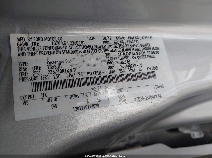 2013 Ford Focus St VIN: 1FADP3L9XDL170630 Lot: 44679952