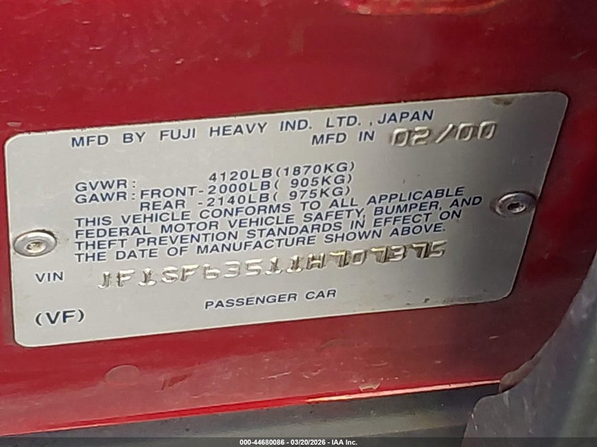2001 Subaru Forester L VIN: JF1SF63511H707375 Lot: 44680086