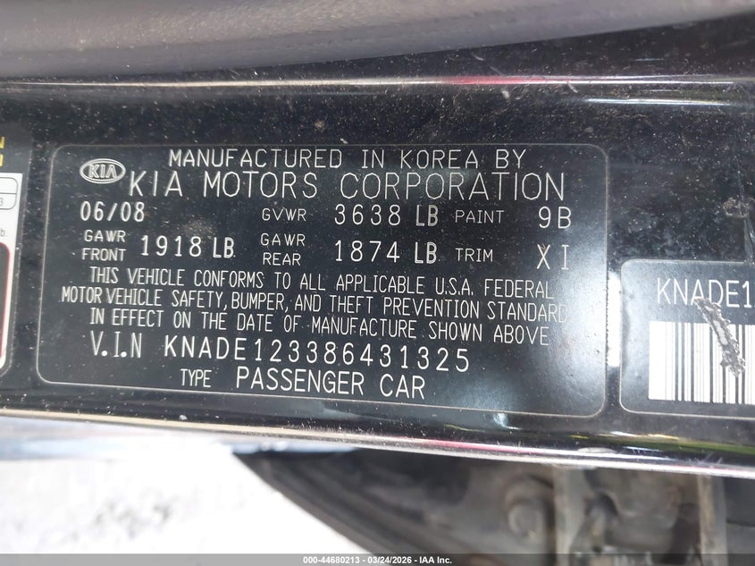 2008 Kia Rio Sx VIN: KNADE123386431325 Lot: 44680213