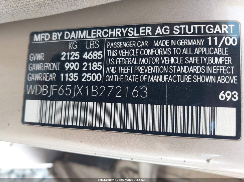 2001 Mercedes-Benz E 320 VIN: WDBJF65JX1B272163 Lot: 44680216