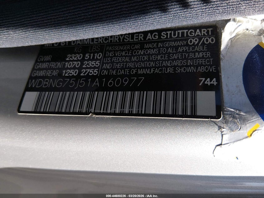 2001 Mercedes-Benz S 500 VIN: WDBNG75J51A160977 Lot: 44680226