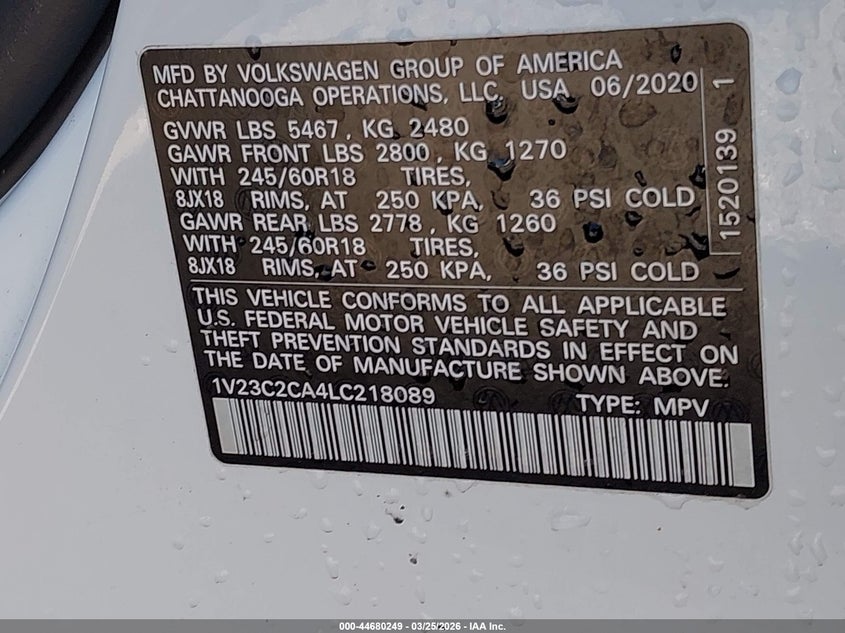 2020 Volkswagen Atlas Cross Sport 2.0T Se VIN: 1V23C2CA4LC218089 Lot: 44680249