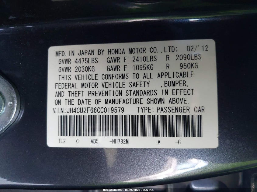 2012 Acura Tsx 2.4 VIN: JH4CU2F66CC019579 Lot: 44680390