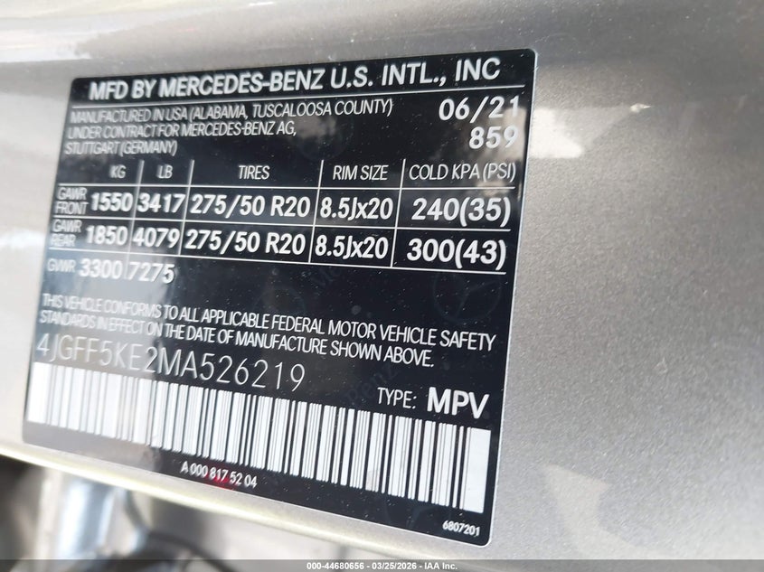 2021 Mercedes-Benz Gls 450 4Matic VIN: 4JGFF5KE2MA526219 Lot: 44680656