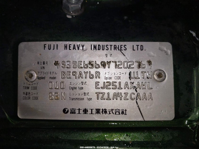 2000 Subaru Legacy Gt Limited VIN: 4S3BE6569Y7202767 Lot: 44680679