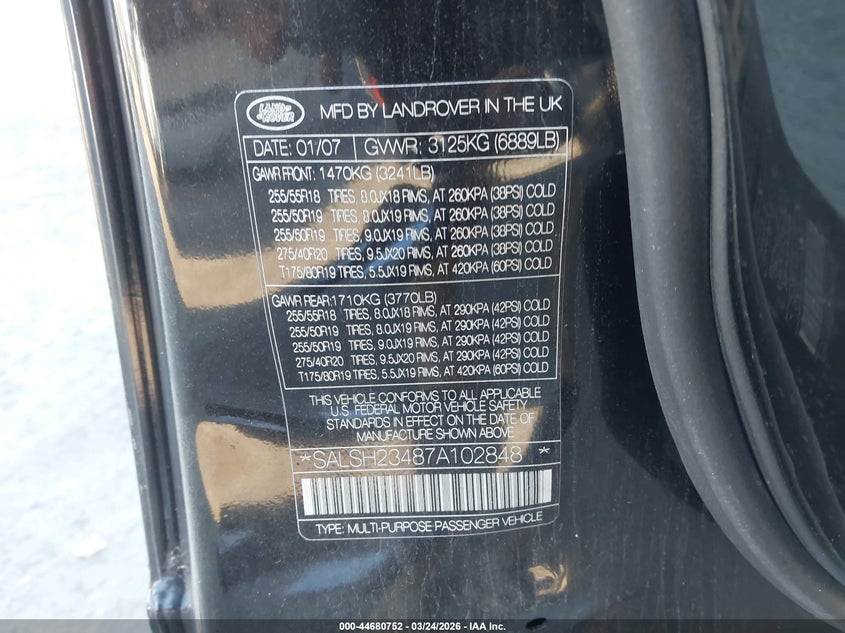 2007 Land Rover Range Rover Sport Supercharged VIN: SALSH23487A102848 Lot: 44680752