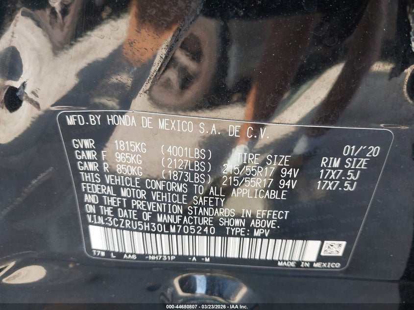 VIN 3CZRU5H30LM705240 2020 HONDA HR-V 2WD LX