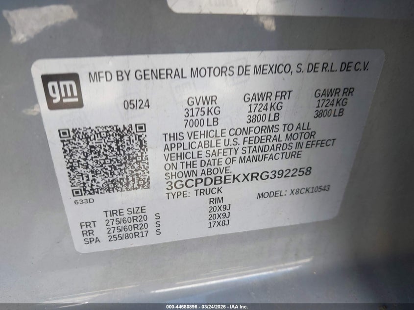 VIN 3GCPDBEKXRG392258 2024 CHEVROLET SILVERADO 1500 4WD  SHORT BED CUSTOM