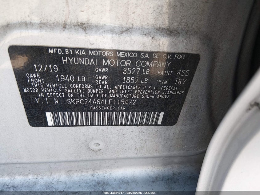 VIN 3KPC24A64LE115472 2020 HYUNDAI ACCENT SE