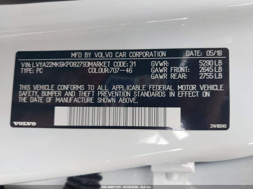 2019 Volvo S90 T6 Momentum VIN: LVYA22MK6KP082793 Lot: 44681103