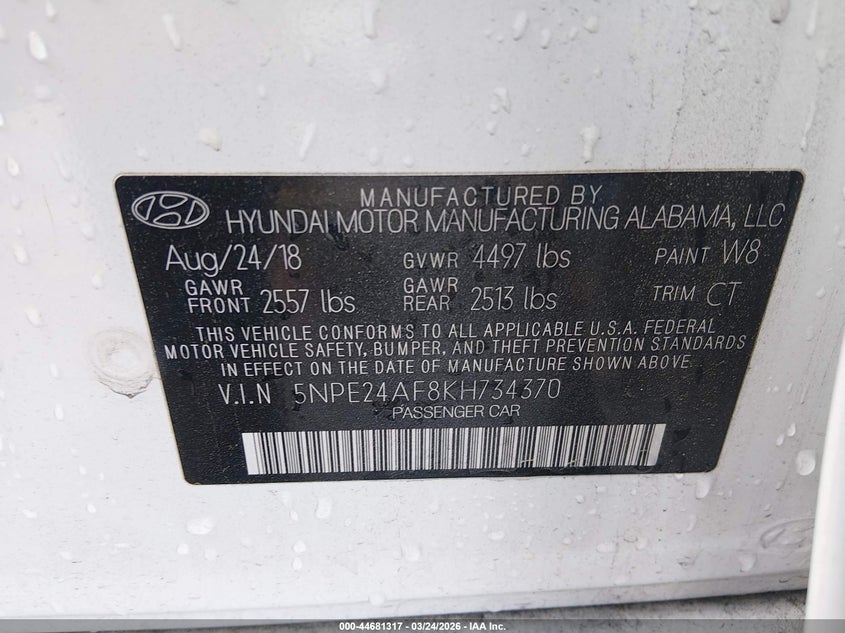 VIN 5NPE24AF8KH734370 2019 HYUNDAI SONATA SE
