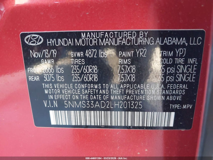 VIN 5NMS33AD2LH201325 2020 HYUNDAI SANTA FE SEL