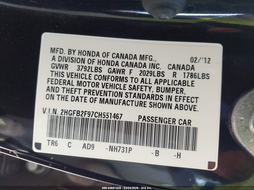 2012 Honda Civic 1.8 Ex-L black Lot 111044681420 Vin 2HGFB2F97CH551467