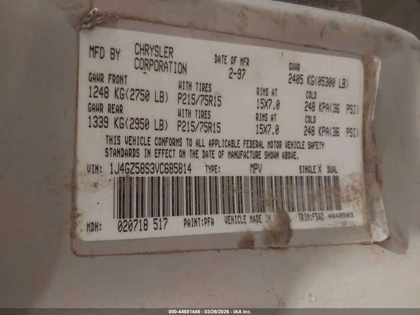1997 Jeep Grand Cherokee Laredo/Tsi VIN: 1J4GZ58S3VC685814 Lot: 44681446