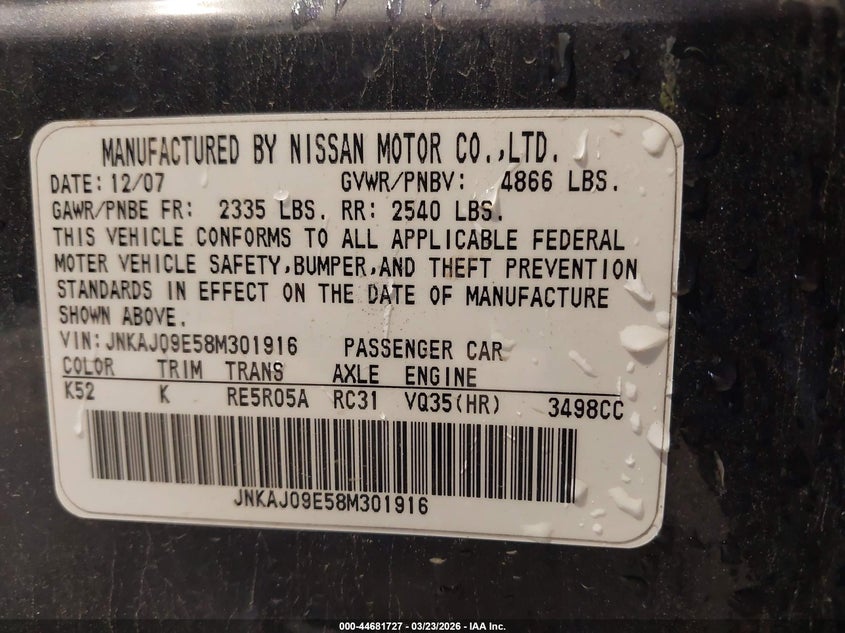 2008 Infiniti Ex35 Journey VIN: JNKAJ09E58M301916 Lot: 44681727