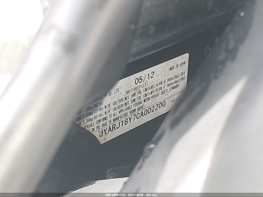 2012 Yamaha Fz6 Rc VIN: JYARJ18Y7CA002200 Lot: 44681732