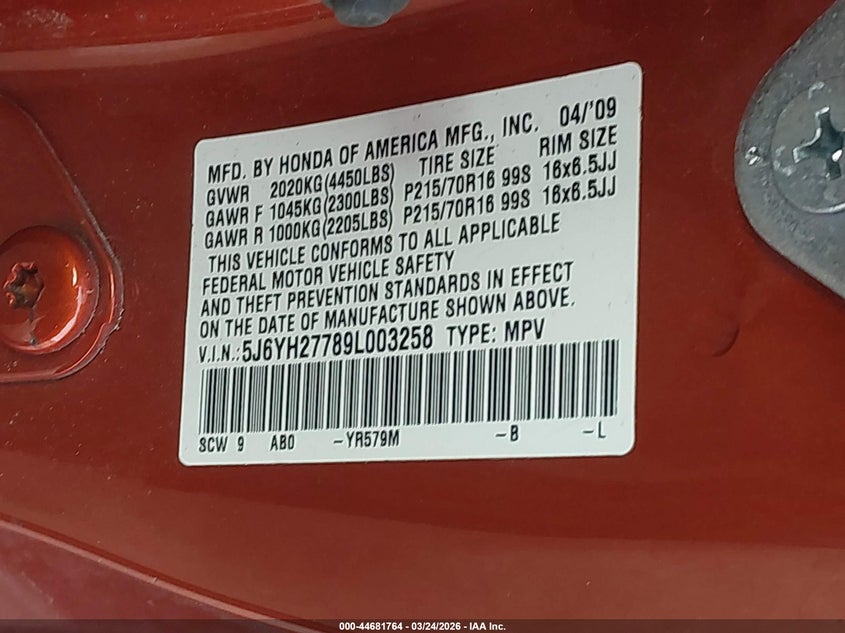 2009 Honda Element Ex VIN: 5J6YH27789L003258 Lot: 44681764