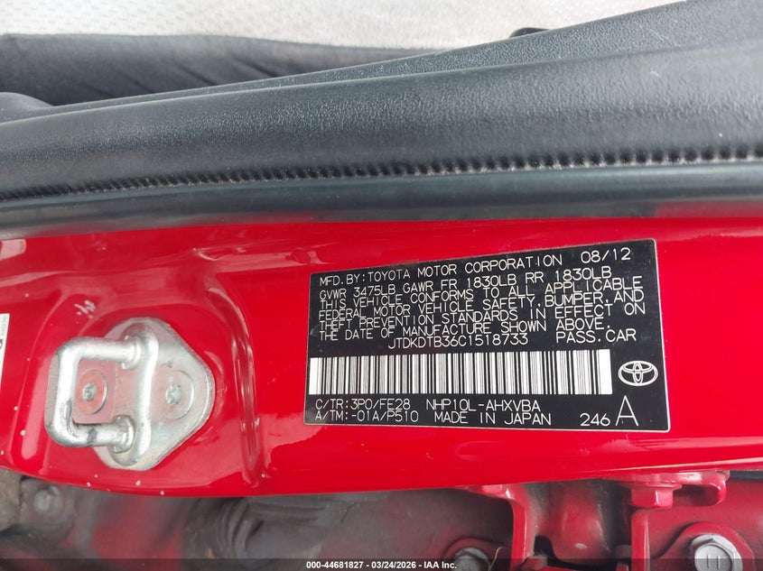 2012 Toyota Prius C One VIN: JTDKDTB36C1518733 Lot: 44681827