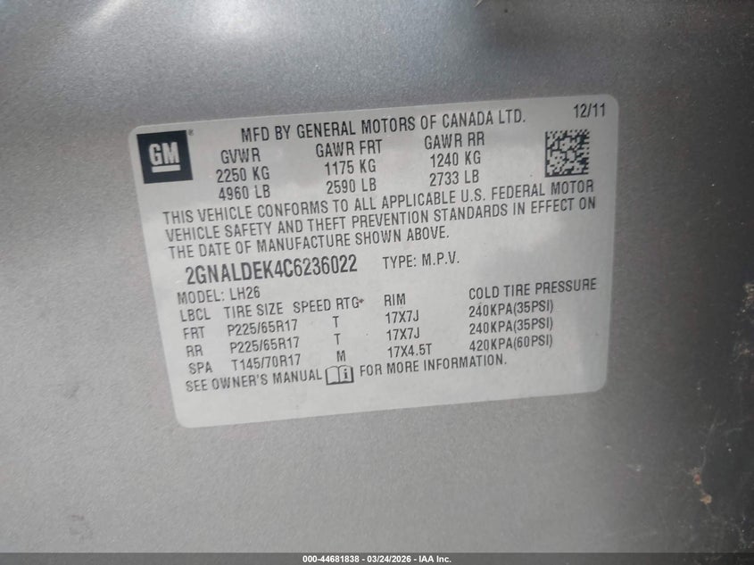2012 Chevrolet Equinox 2.4 1Lt grey Lot 111044681838 Vin 2GNALDEK4C6236022