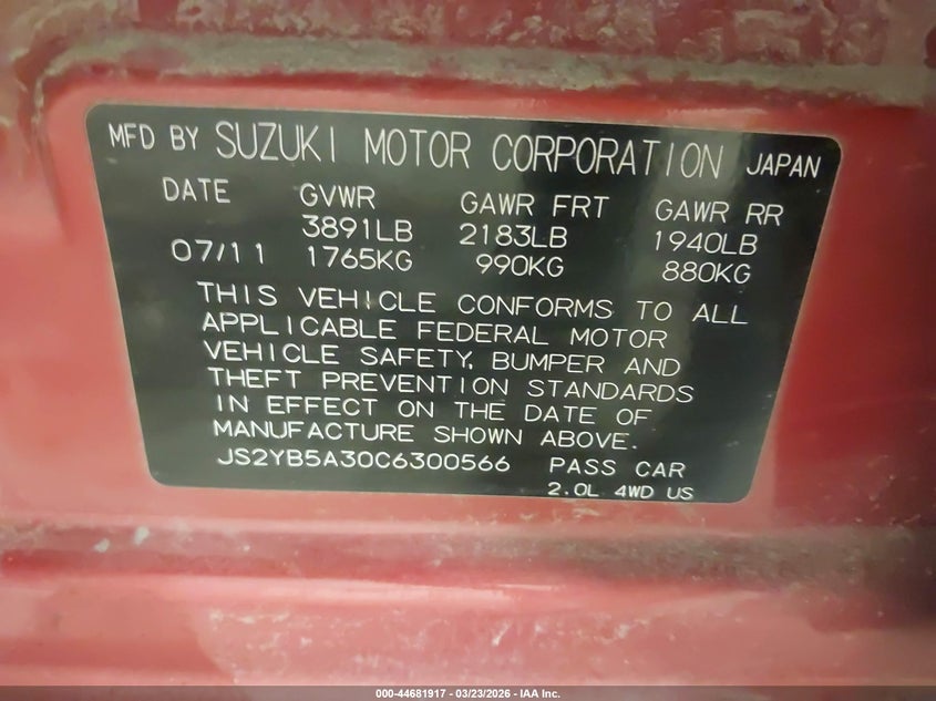 2012 Suzuki Sx4 Premium/Tech Valu Pkg (Nav) VIN: JS2YB5A30C6300566 Lot: 44681917